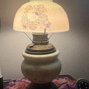 Antique Oil Lamp Hand Painted Blue Pansies Electrified